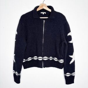 Heritage Knit Zip Up Cardigan Moon & Stars Black Sweater Size Small EUC